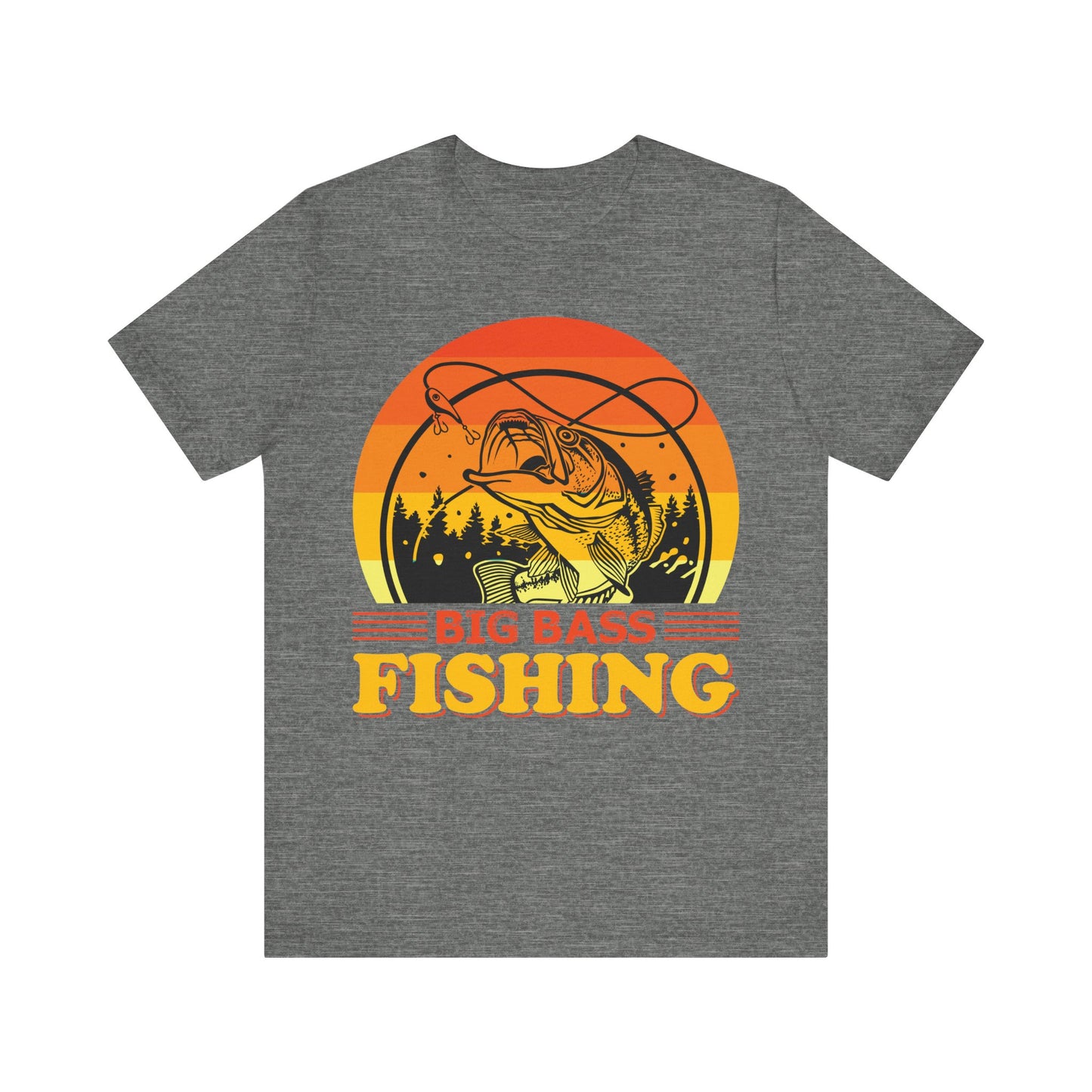 Men's Black T Shirt Big Bass Fishing Short Sleeve Crew Neck Jersey Tee