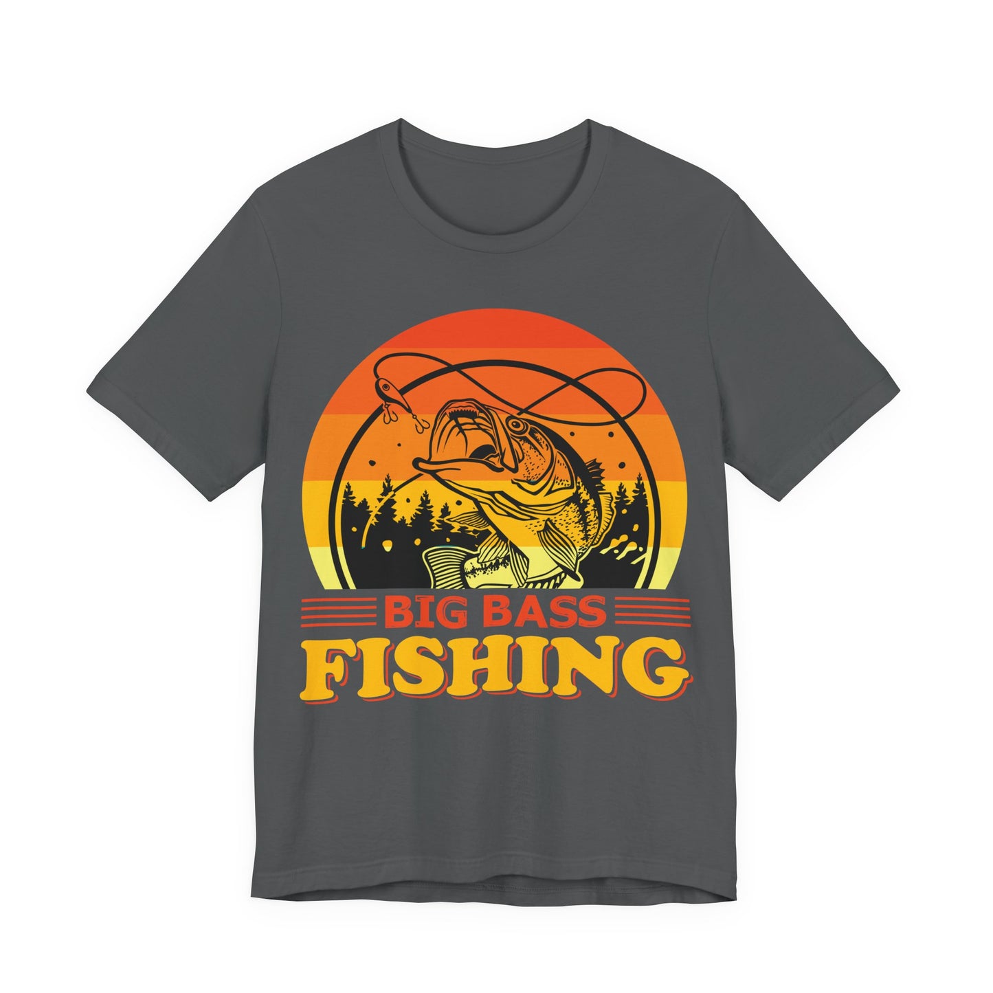 Men's Black T Shirt Big Bass Fishing Short Sleeve Crew Neck Jersey Tee