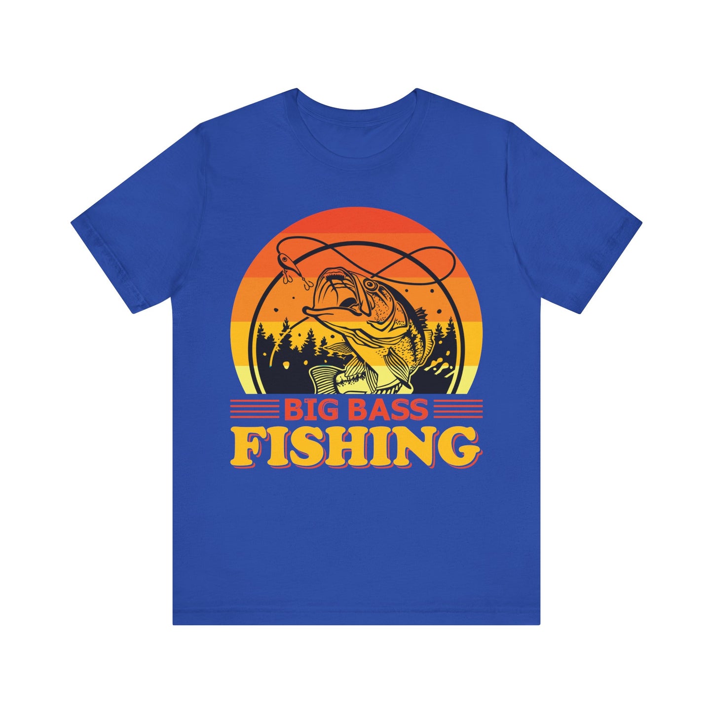 Men's Black T Shirt Big Bass Fishing Short Sleeve Crew Neck Jersey Tee