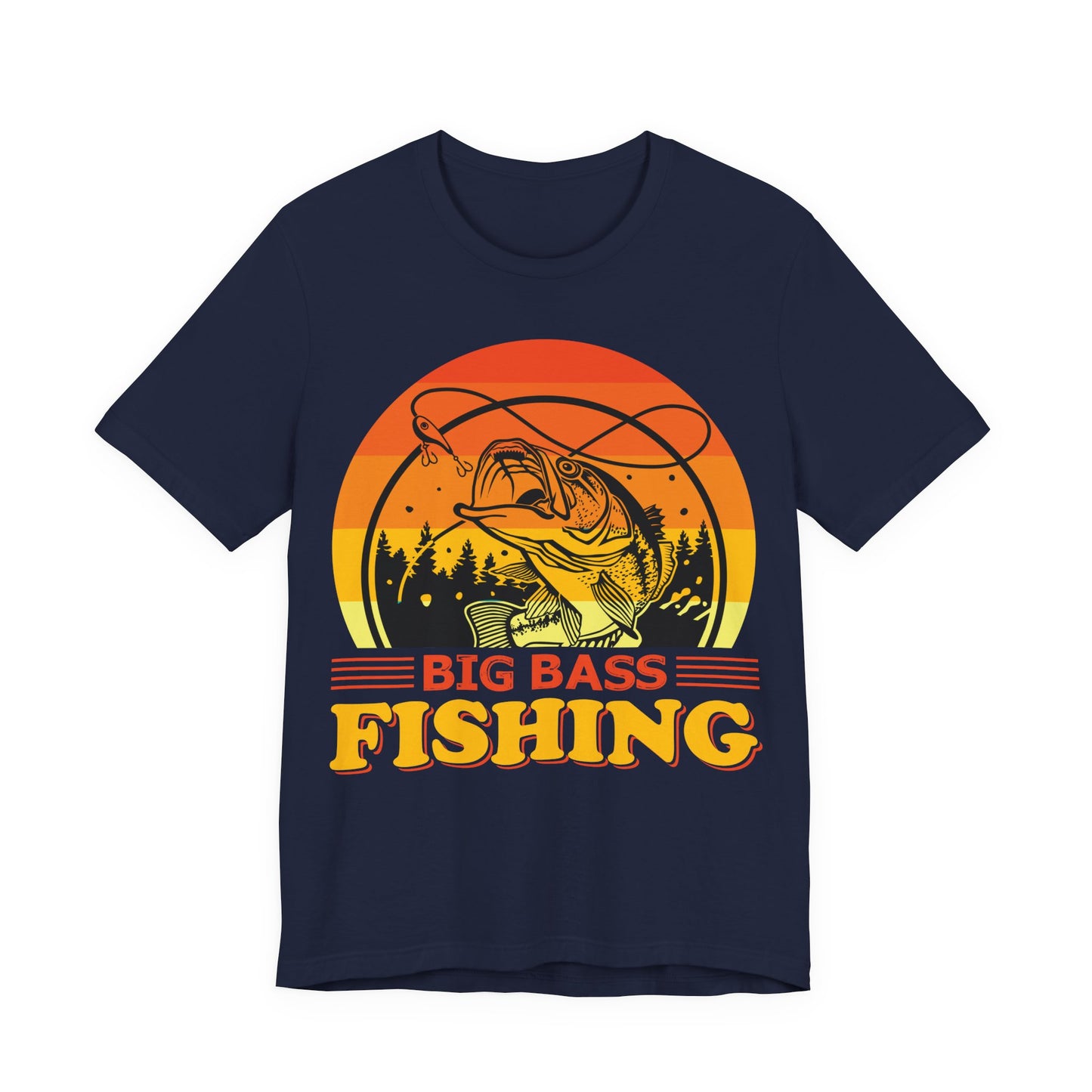 Men's Black T Shirt Big Bass Fishing Short Sleeve Crew Neck Jersey Tee