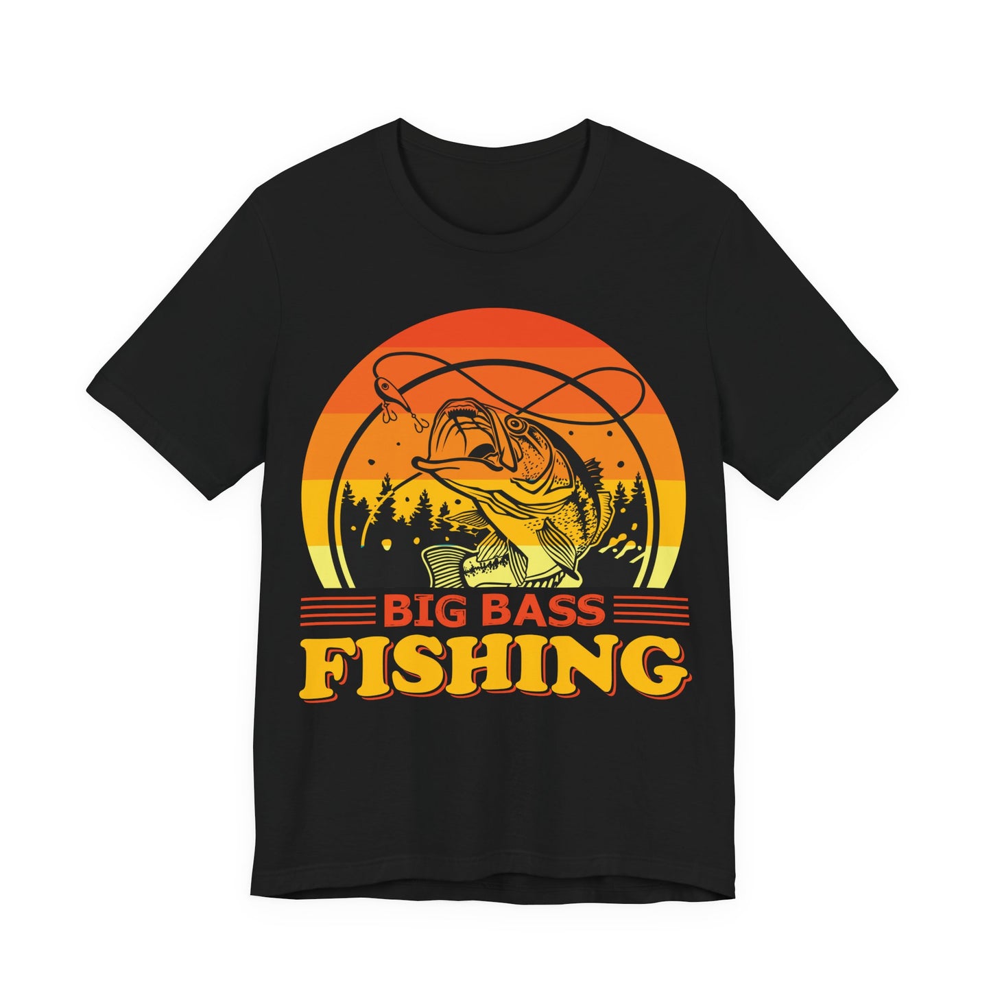 Men's Black T Shirt Big Bass Fishing Short Sleeve Crew Neck Jersey Tee