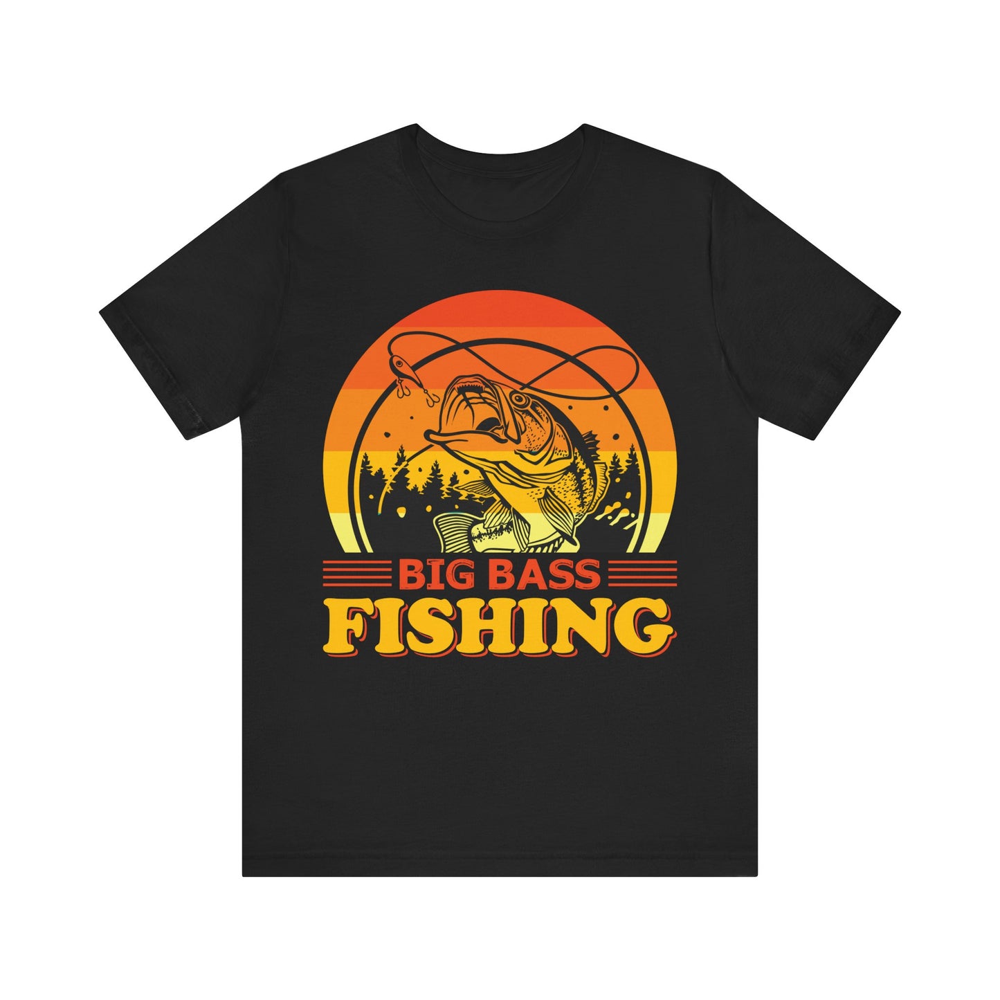 Men's Black T Shirt Big Bass Fishing Short Sleeve Crew Neck Jersey Tee