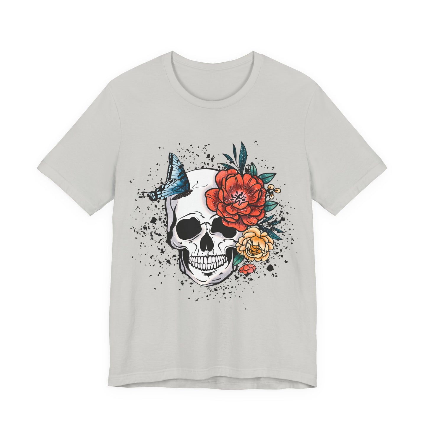 Unisex T Shirt Skull Roses Flowers Butterfly Distressed Grunge Splatter Design