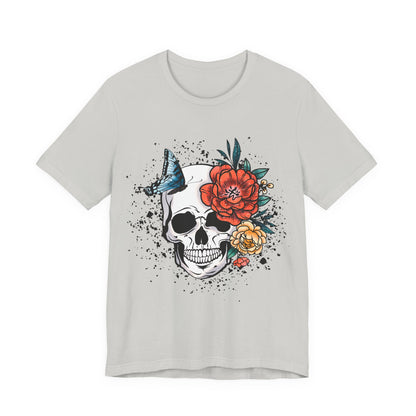 Unisex T Shirt Skull Roses Flowers Butterfly Distressed Grunge Splatter Design