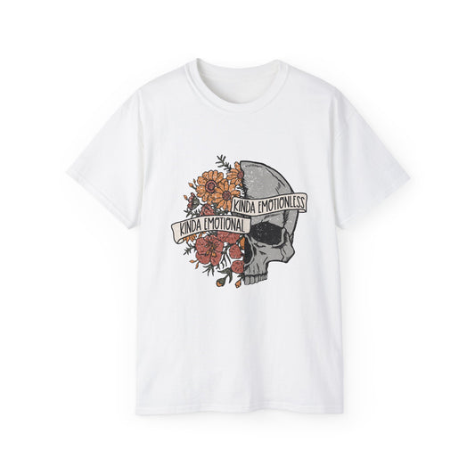 Kinda Emotional, Kinda Emotionless, Skull Lovers T-shirt, Skull T-shirt, Birthday Gift Short Sleeve Tee White, Black, Ash, Sand, Charcoal