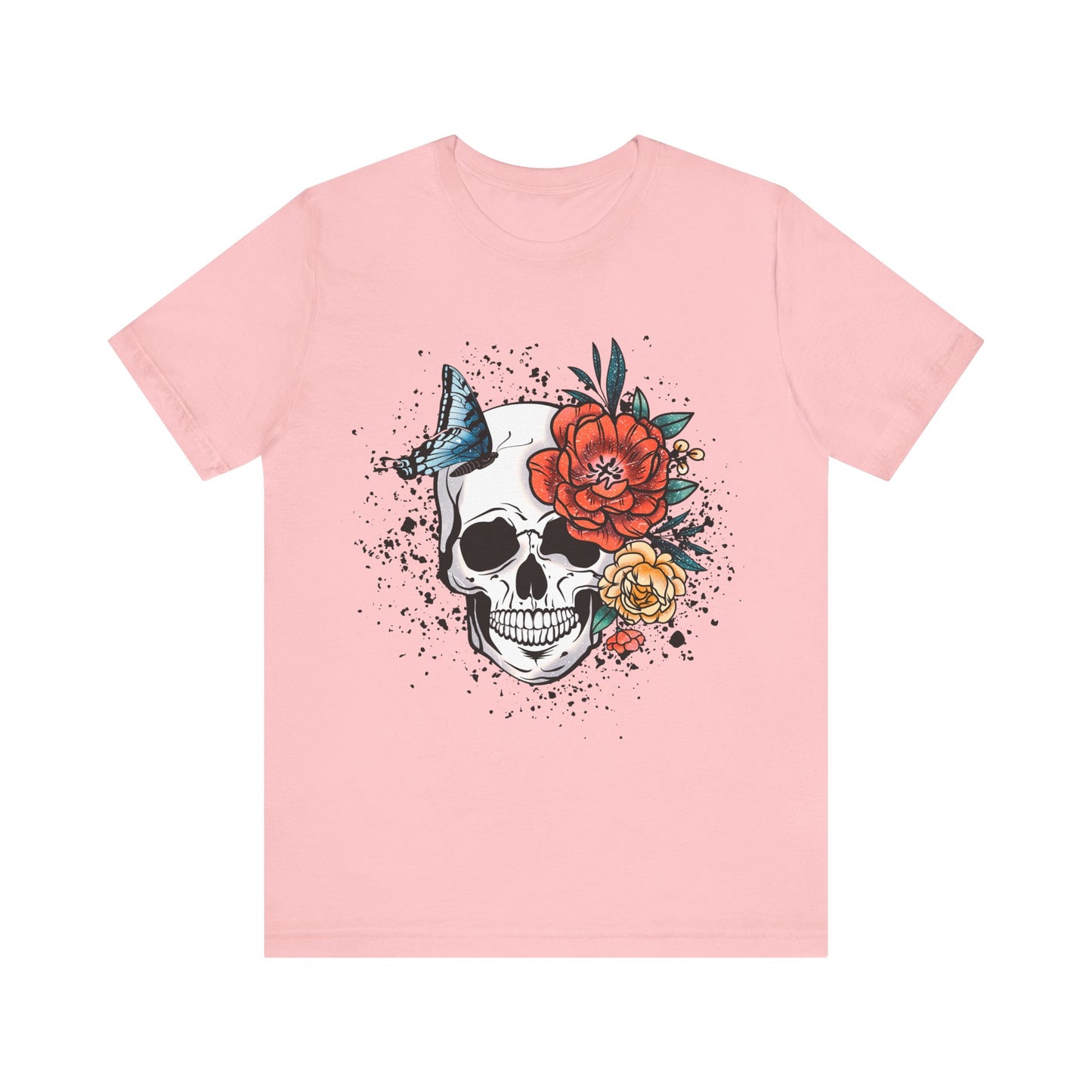 Unisex T Shirt Skull Roses Flowers Butterfly Distressed Grunge Splatter Design