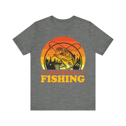 Men's Black T Shirt Big Bass Fishing Short Sleeve Crew Neck Jersey Tee