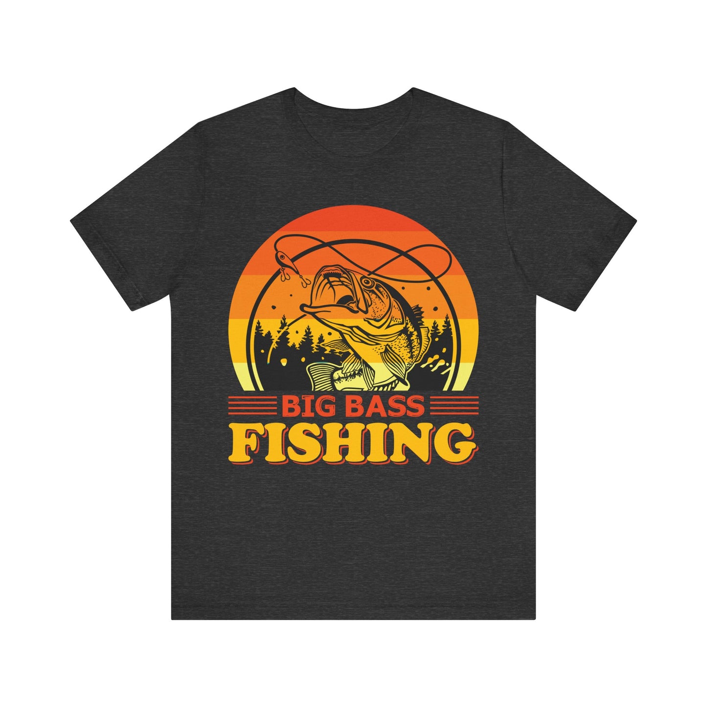 Men's Black T Shirt Big Bass Fishing Short Sleeve Crew Neck Jersey Tee