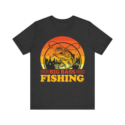 Men's Black T Shirt Big Bass Fishing Short Sleeve Crew Neck Jersey Tee