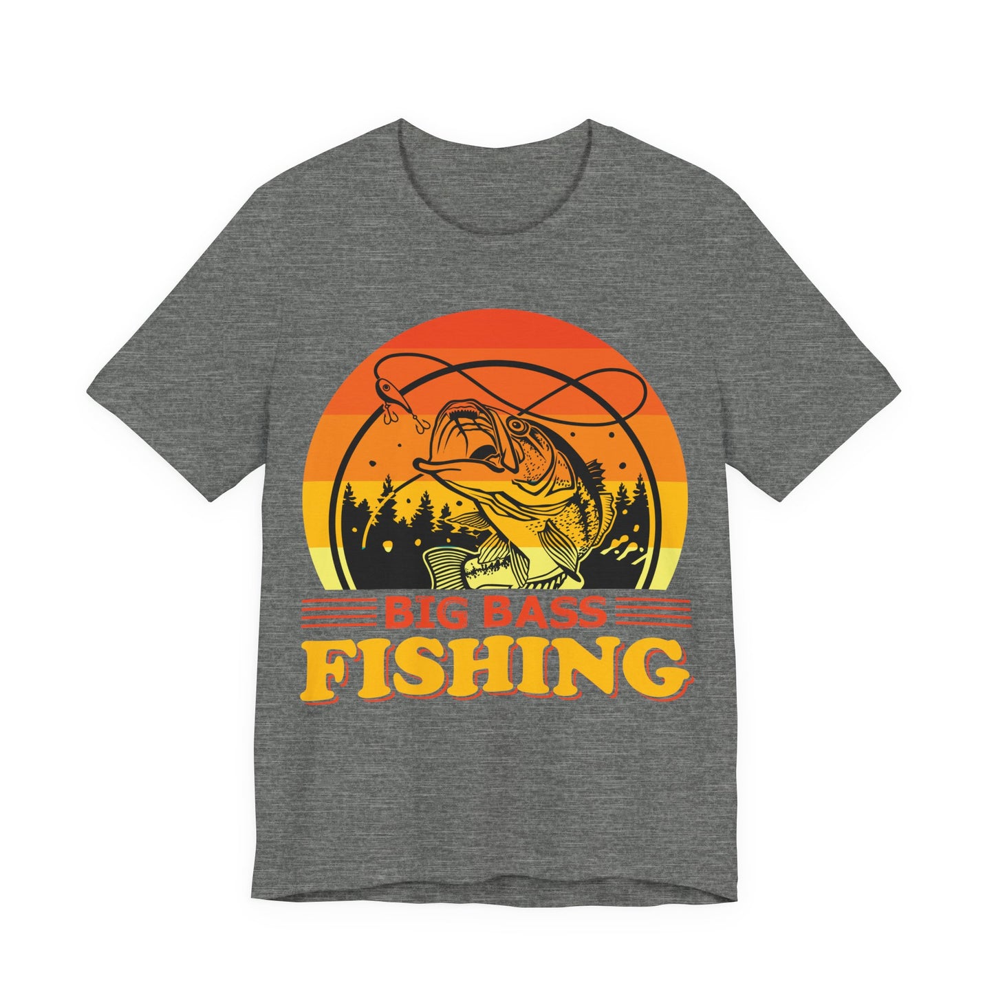 Men's Black T Shirt Big Bass Fishing Short Sleeve Crew Neck Jersey Tee