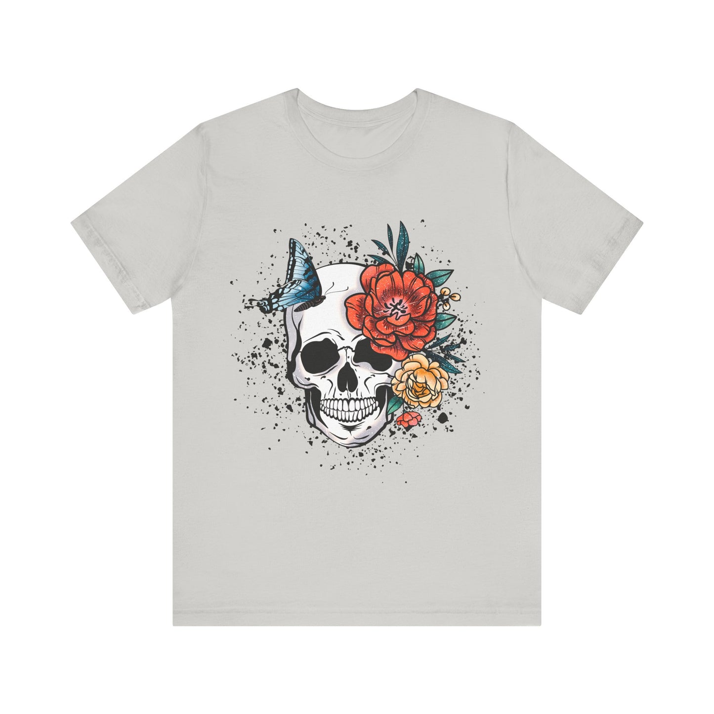 Unisex T Shirt Skull Roses Flowers Butterfly Distressed Grunge Splatter Design