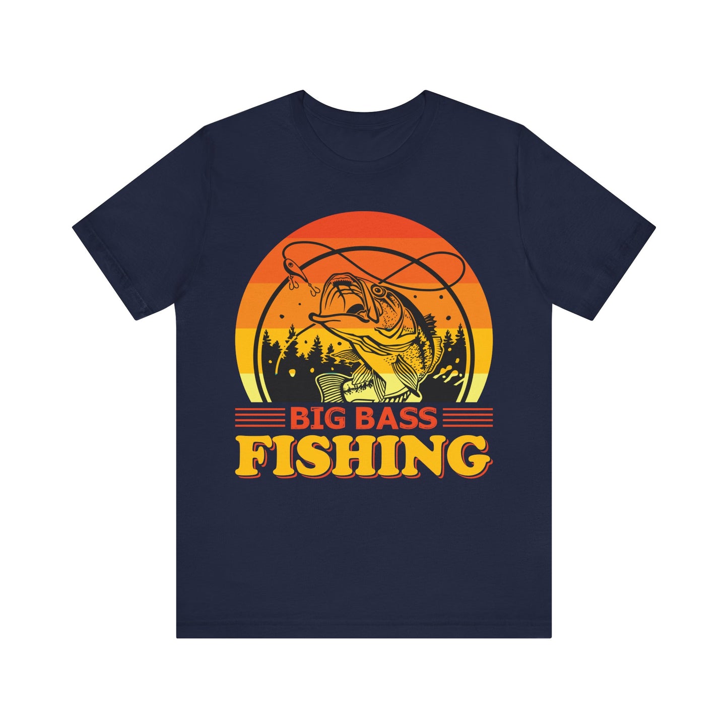 Men's Black T Shirt Big Bass Fishing Short Sleeve Crew Neck Jersey Tee
