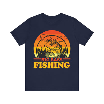 Men's Black T Shirt Big Bass Fishing Short Sleeve Crew Neck Jersey Tee