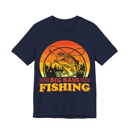 Men's Black T Shirt Big Bass Fishing Short Sleeve Crew Neck Jersey Tee