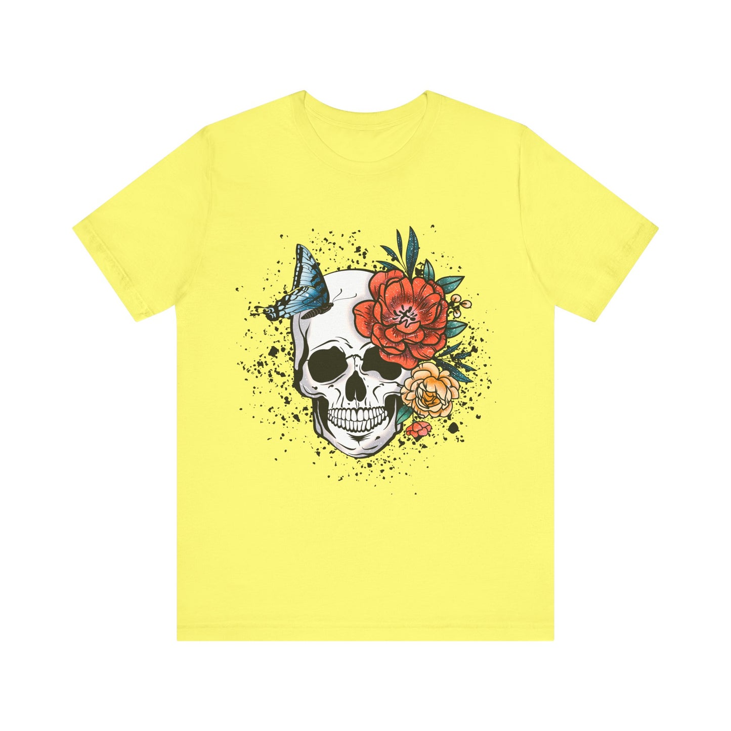 Unisex T Shirt Skull Roses Flowers Butterfly Distressed Grunge Splatter Design