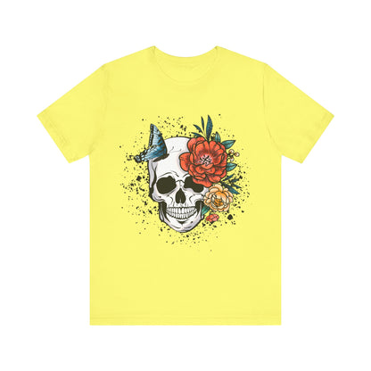 Unisex T Shirt Skull Roses Flowers Butterfly Distressed Grunge Splatter Design