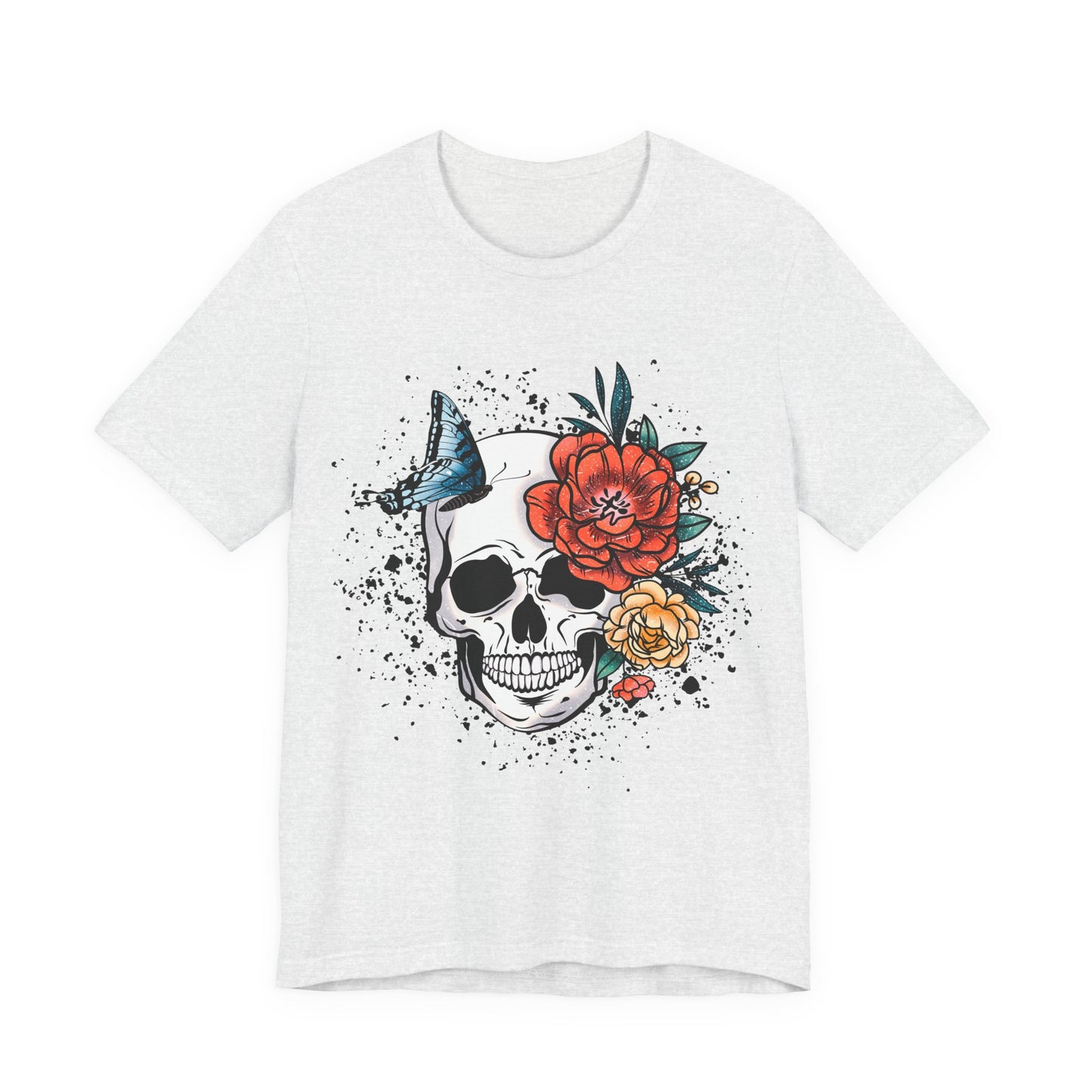 Unisex T Shirt Skull Roses Flowers Butterfly Distressed Grunge Splatter Design