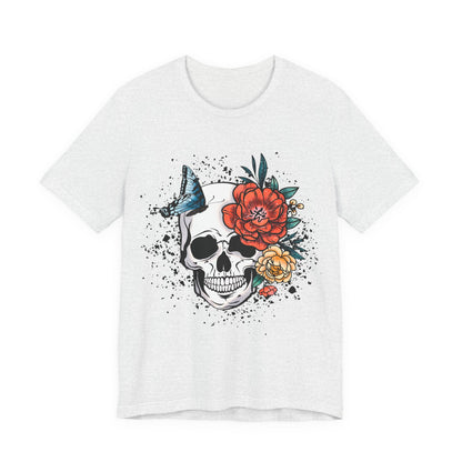 Unisex T Shirt Skull Roses Flowers Butterfly Distressed Grunge Splatter Design