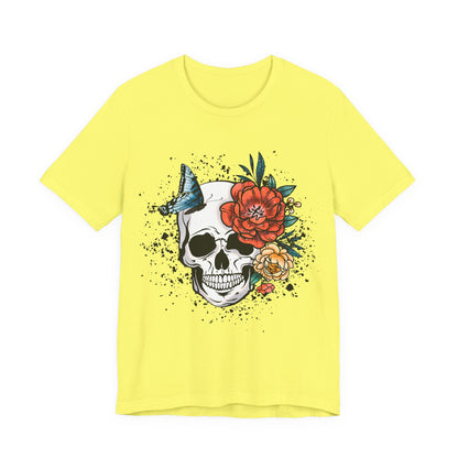 Unisex T Shirt Skull Roses Flowers Butterfly Distressed Grunge Splatter Design