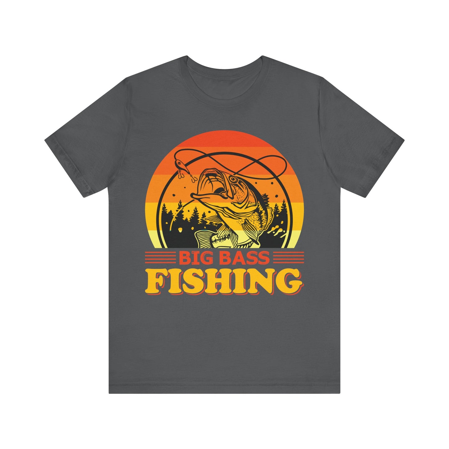 Men's Black T Shirt Big Bass Fishing Short Sleeve Crew Neck Jersey Tee