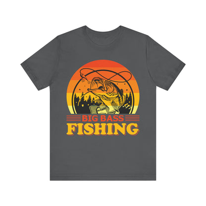 Men's Black T Shirt Big Bass Fishing Short Sleeve Crew Neck Jersey Tee