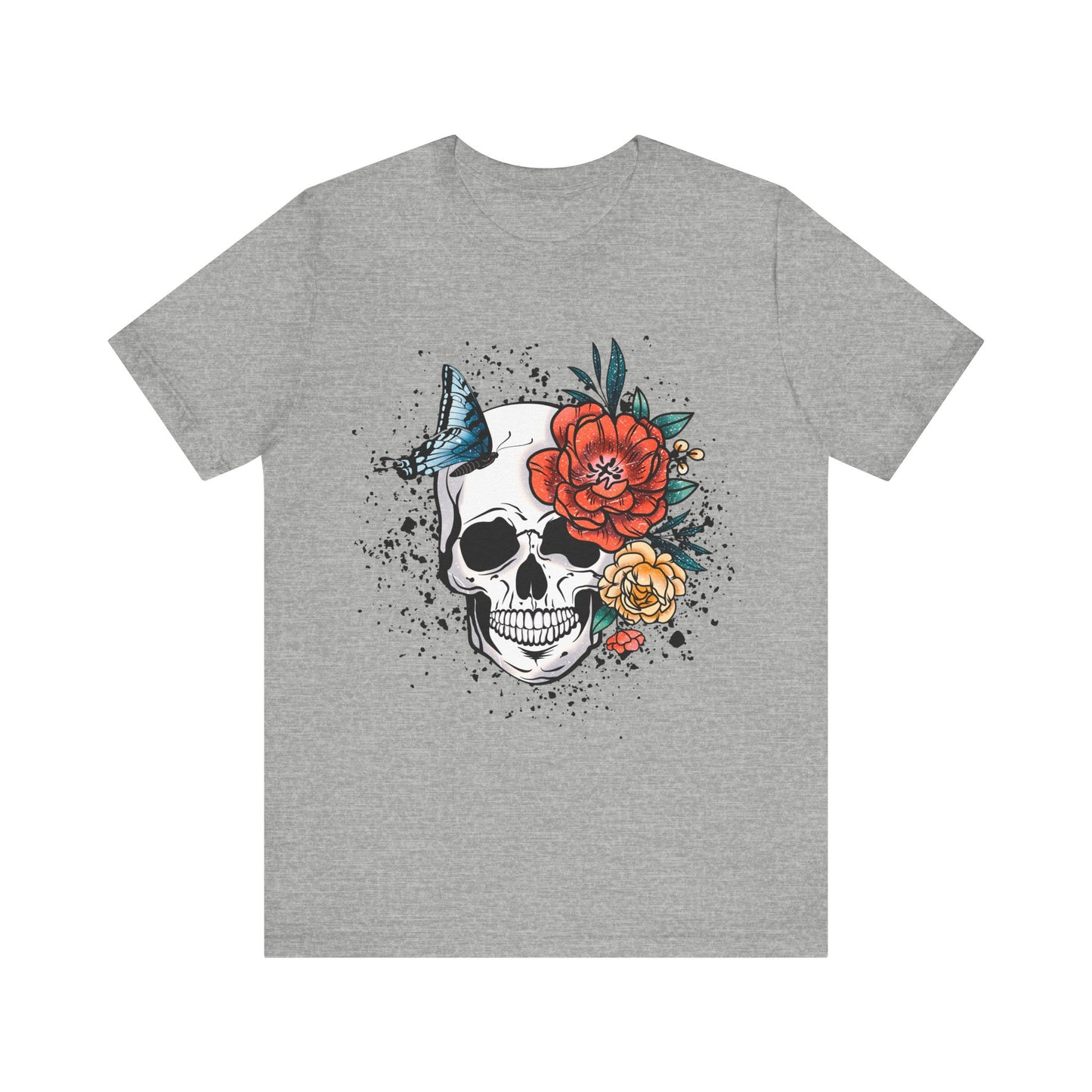 Unisex T Shirt Skull Roses Flowers Butterfly Distressed Grunge Splatter Design