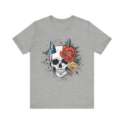 Unisex T Shirt Skull Roses Flowers Butterfly Distressed Grunge Splatter Design