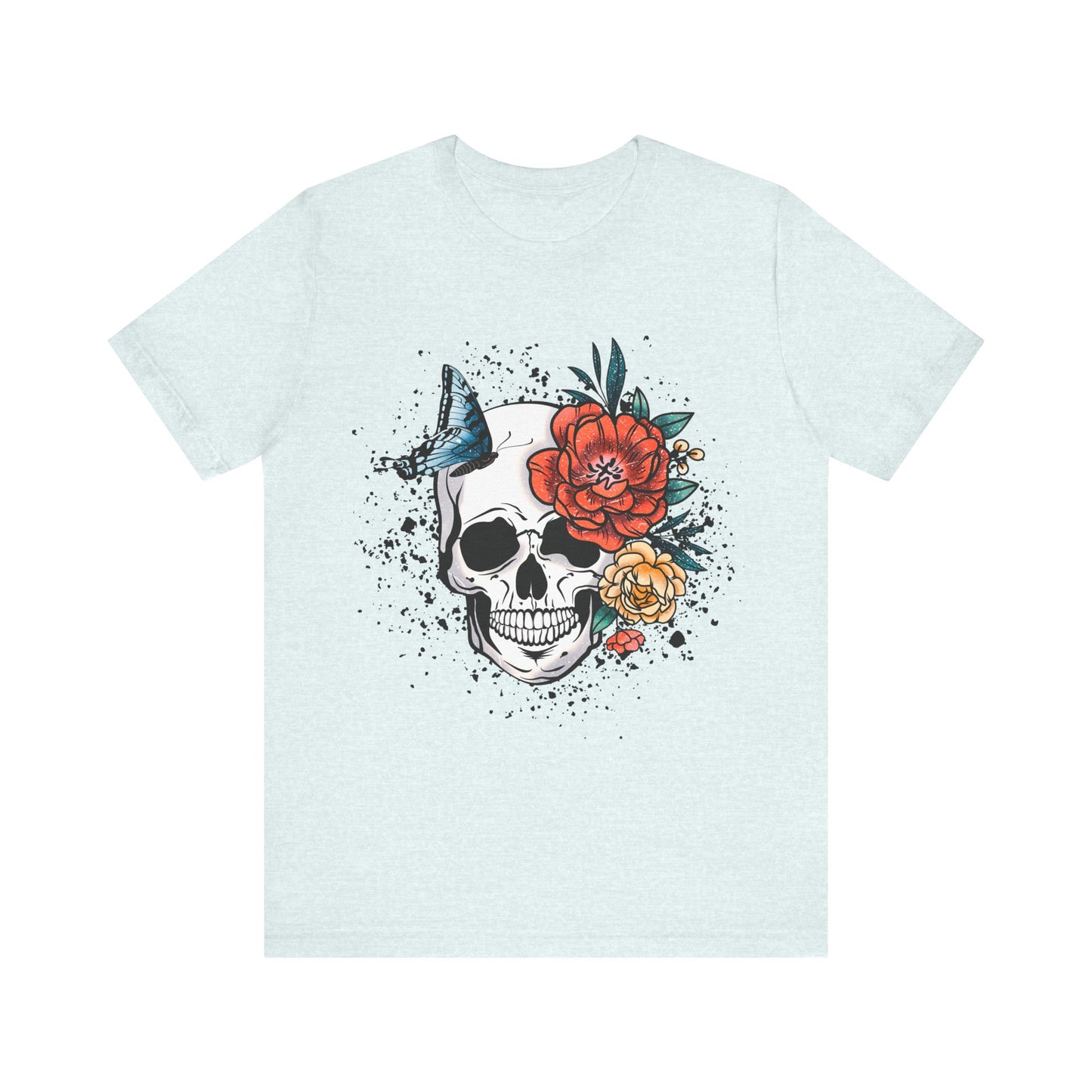 Unisex T Shirt Skull Roses Flowers Butterfly Distressed Grunge Splatter Design