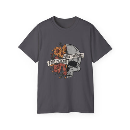 Kinda Emotional, Kinda Emotionless, Skull Lovers T-shirt, Skull T-shirt, Birthday Gift Short Sleeve Tee White, Black, Ash, Sand, Charcoal
