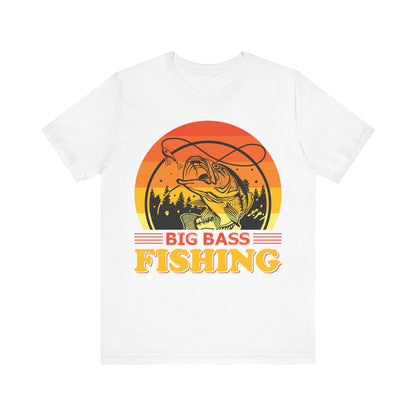 Men's Black T Shirt Big Bass Fishing Short Sleeve Crew Neck Jersey Tee
