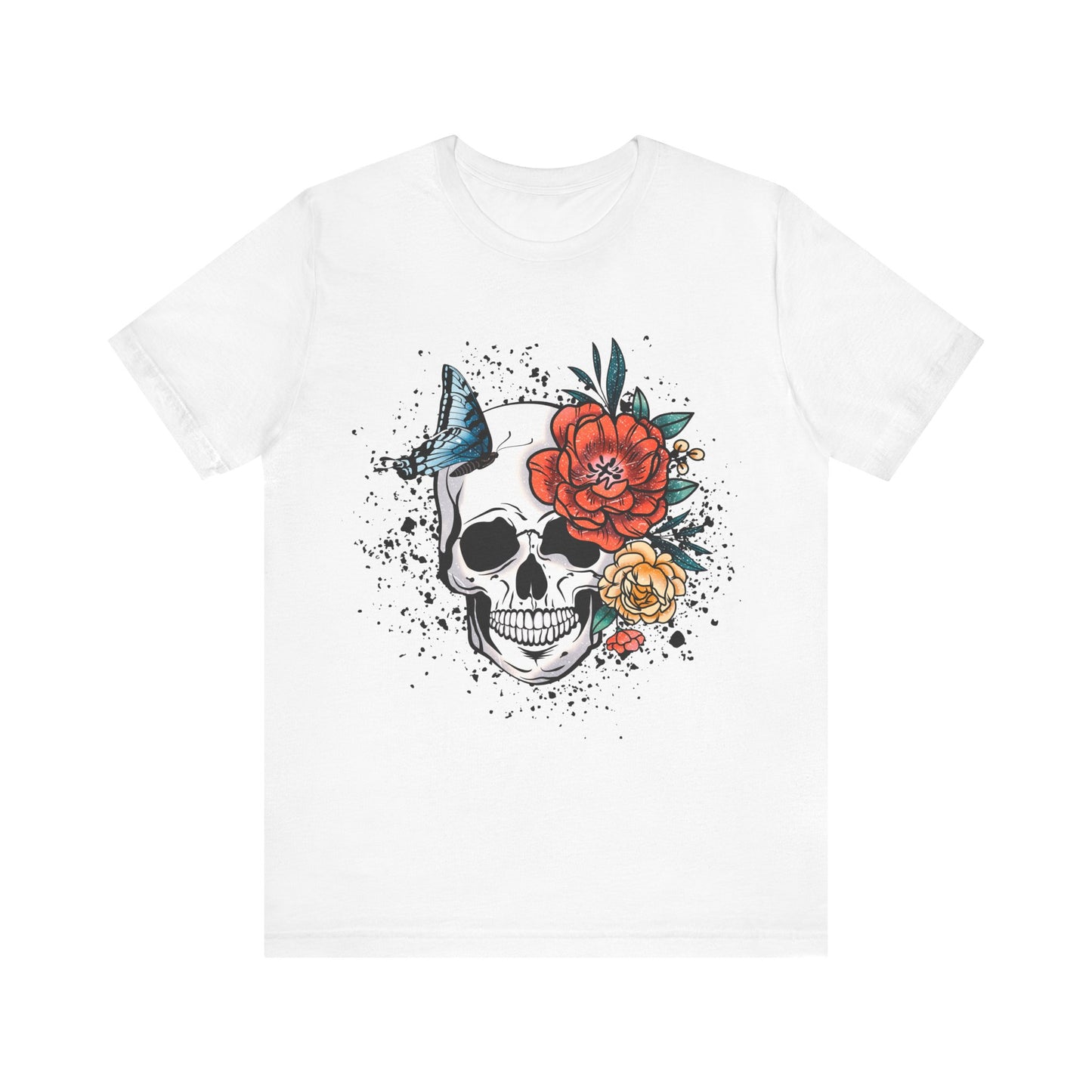 Unisex T Shirt Skull Roses Flowers Butterfly Distressed Grunge Splatter Design