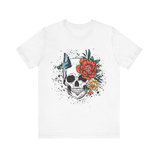 Unisex T Shirt Skull Roses Flowers Butterfly Distressed Grunge Splatter Design