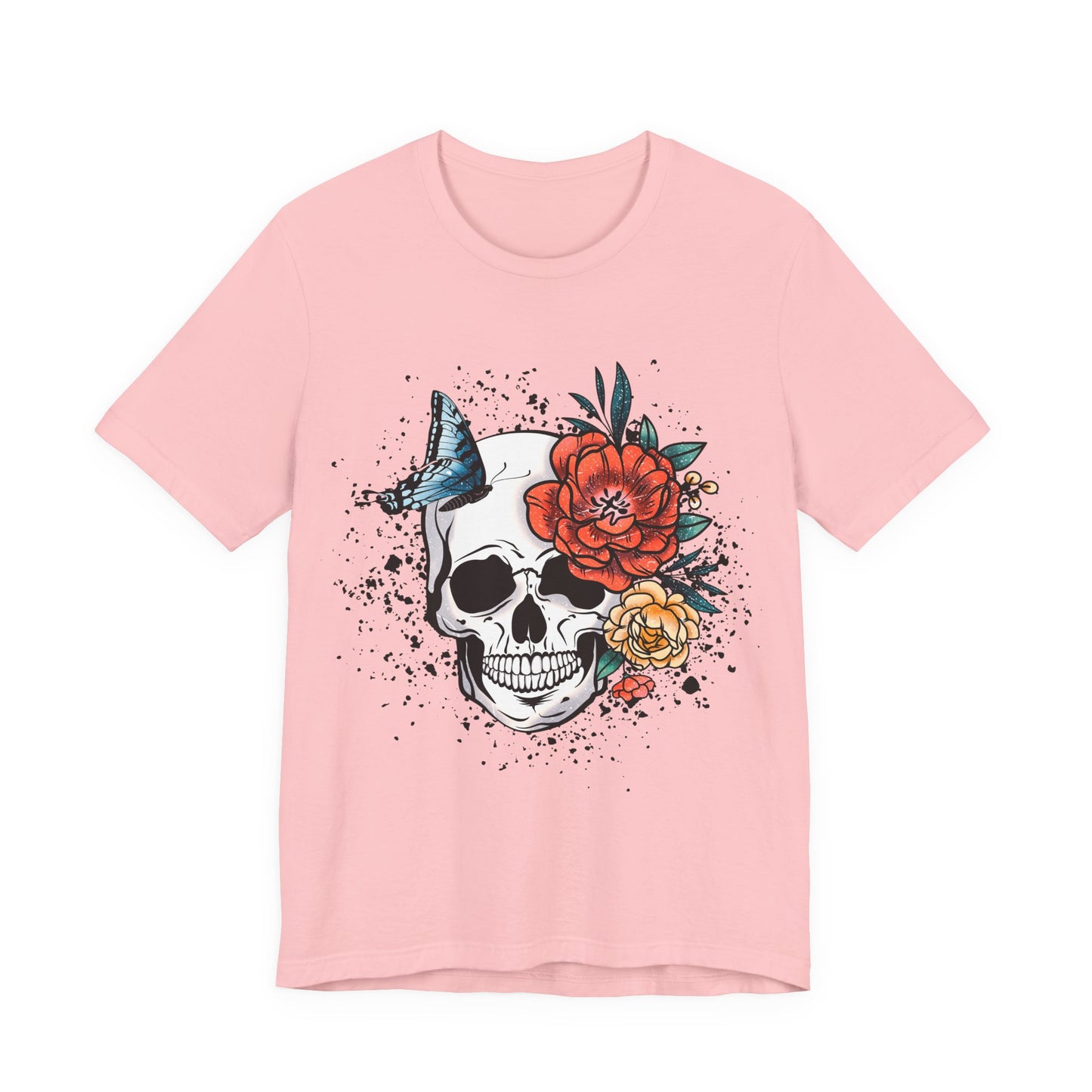 Unisex T Shirt Skull Roses Flowers Butterfly Distressed Grunge Splatter Design
