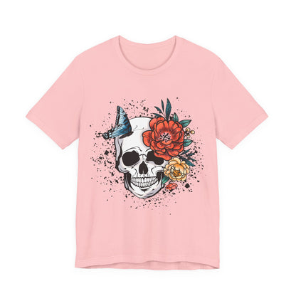 Unisex T Shirt Skull Roses Flowers Butterfly Distressed Grunge Splatter Design