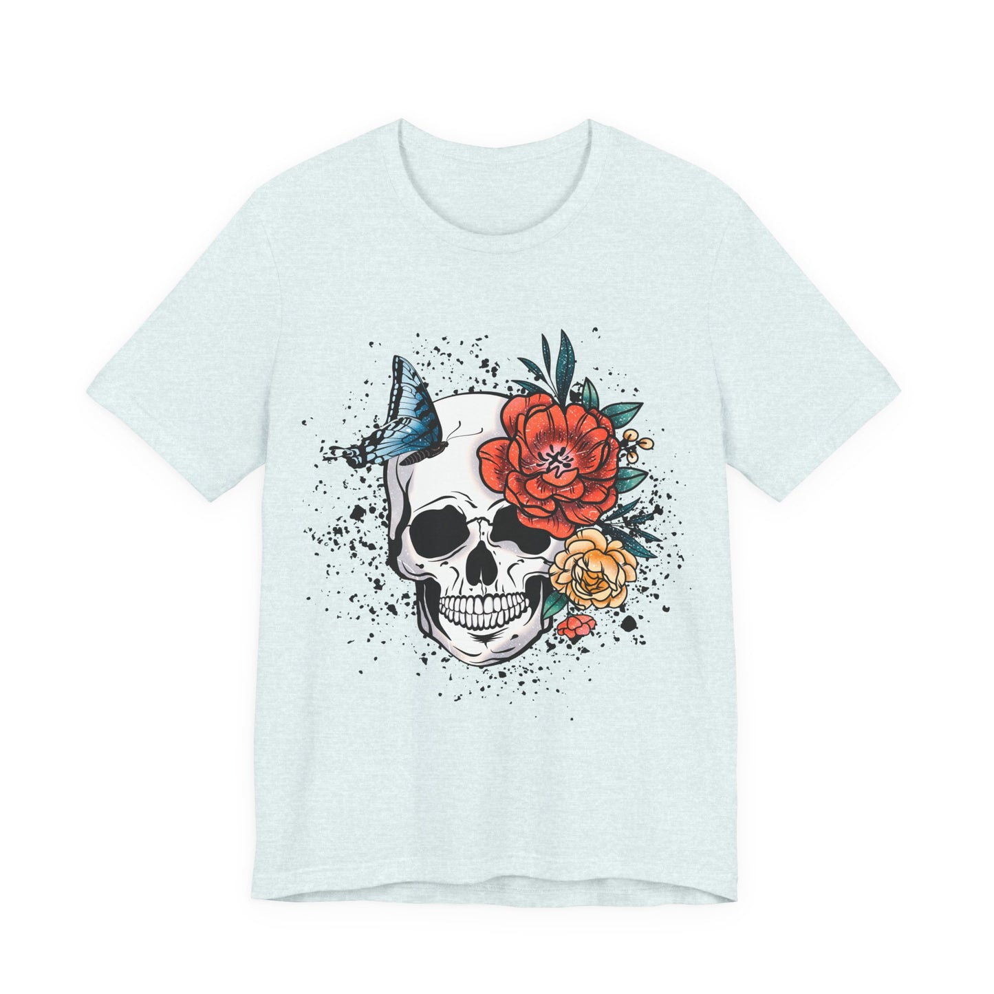 Unisex T Shirt Skull Roses Flowers Butterfly Distressed Grunge Splatter Design