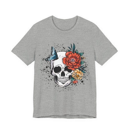 Unisex T Shirt Skull Roses Flowers Butterfly Distressed Grunge Splatter Design