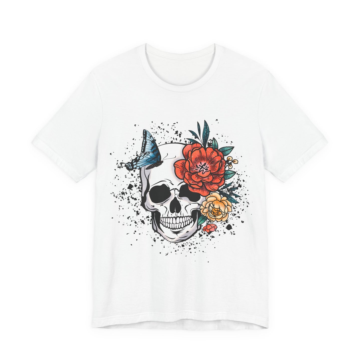 Unisex T Shirt Skull Roses Flowers Butterfly Distressed Grunge Splatter Design
