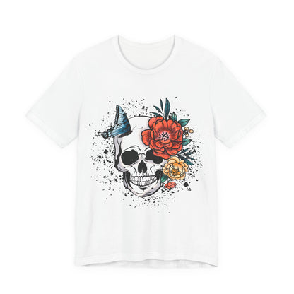 Unisex T Shirt Skull Roses Flowers Butterfly Distressed Grunge Splatter Design