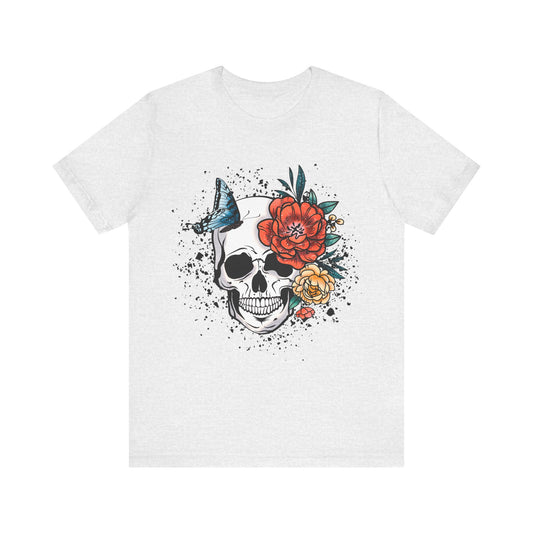 Unisex T Shirt Skull Roses Flowers Butterfly Distressed Grunge Splatter Design